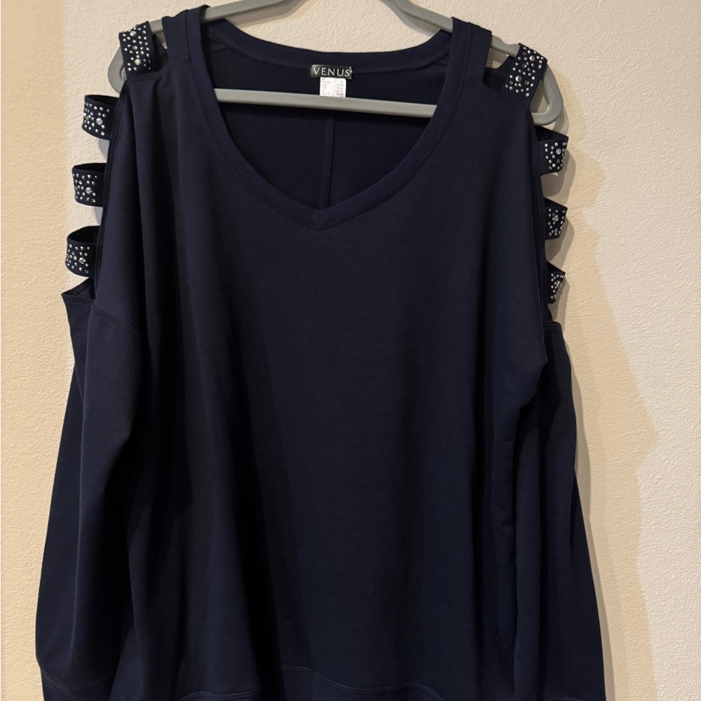 VENUS Navy Cold-Shoulder Sweatshirt with Studded Strap Accents